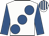 White, large royal blue spots & sleeves, striped cap