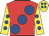 Red, large royal blue spots, yellow sleeves, royal blue spots, yellow cap, royal blue spots