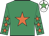 Emerald green, orange star, orange stars on sleeves, white cap, em green star
