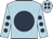 Light blue, dark blue disc, dark blue spots on sleeves, light blue cap, dark blue spots