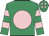 Emerald green, pink disc, hooped sleeves, emerald green cap, pink spots