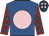 Royal blue, pink disc, maroon sleeves, royal blue stars, dark blue cap, pink spots