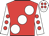 Red, large white spots, white sleeves, red spots, white cap, red spots