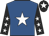 Royal blue, white star, black sleeves, white stars, black cap, white star