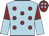 Light blue, maroon spots, maroon and light blue halved sleeves, maroon cap, light blue spots