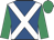 Royal blue, white cross belts, emerald green sleeves and cap