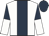 White, dark blue stripe, dark blue and white halved sleeves, dark blue cap