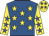 royal blue, yellow stars, yellow sleeves with blue stars, blue stars on yellow cap
