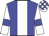Blue body, white stripe, white arms, blue armlets, white cap, blue checked