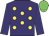 Purple body, yellow spots, purple arms, green cap