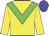 Yellow body, big-green chevron, yellow arms, blue cap