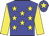 Blue body, yellow stars, yellow arms, blue cap, yellow star
