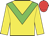 Yellow body, green chevron, yellow arms, red cap