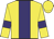 Yellow body, purple stripe, yellow arms, purple armlets, yellow cap