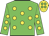 Green body, yellow spots, green arms, yellow spots, yellow cap, green spots