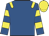 Royal blue, yellow epaulets, royal blue sleeves, yellow hoops, yellow cap