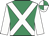 emerald green, white cross sashes, white sleeves, quartered cap