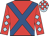 Red, royal blue cross belts, red sleeves, light blue diamonds, light blue and red check cap