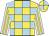 Yellow and light blue check, white and yellow striped sleeves, yellow and light blue quartered cap