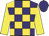Purple and gold checks, yellow sleeves, purple cap