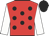 Red, black spots, white sleeves, black cap