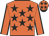 Orange, black stars, orange sleeves, black seams, orange cap, black stars and peak