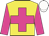 Dayglo yellow, dayglo pink cross and sleeves, white cap