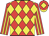 Red and yellow checked diamonds, striped sleeves, red cap, yellow diamond and peak