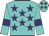 Turquoise, purple stars, turquoise sleeves, purple armbands, turquoise cap, purple stars
