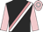 Black, shocking pink and white sash, pink sleeves and cap, white hoop