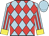 Light blue and red checked diamonds, red striped sleeves, yellow cuffs, light blue cap, red