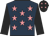 Dark blue, shocking pink stars, black sleeves, black cap, shocking pink stars