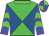 Lime green and royal blue diablo, green collar, blue sleeves, green chevrons, blue cap, green quartered
