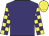 Purple, purple and yellow checked sleeves, yellow cap