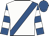 White, royal blue sash, royal blue and white hooped sleeves, royal blue cap
