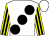 White, large black spots, yellow and black striped sleeves