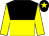 black and yellow halved horizontally, yellow sleeves, black star on cap