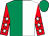 White & emerald green halved, red sleeves, white stars, emerald green cap