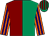 Emerald green & maroon halved, orange & purple striped sleeves, emerald green & maroon striped cap