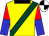 Yellow,dark green sash, black collar,red and blue halved sleeves, black and white quartered cap, white peak