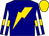 Navy, gold lightning bolt, navy sleeves, gold armlets, white stripe on sleeves, gold cap