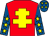 Red, yellow cross of lorraine, royal blue sleeves, yellow stars, royal blue cap, yellow stars