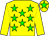 Yellow body, green stars, yellow arms, yellow cap, green star