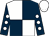 White and dark blue (quartered), dark blue sleeves, white spots, white cap