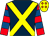 Dark blue, yellow cross belts, red and royal blue hooped sleeves, yellow cap, orange diamonds