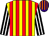 Yellow and red stripes, black and white striped sleeves, purple and orange striped cap