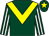 Dark green, yellow chevron, dark green and white striped sleeves, dark green cap, yellow star