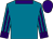 Kingfisher, purple collar and cuffs, kingfisher and purple striped sleeves, purple cap