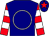 Navy blue, white circle,red and white hooped sleeves, navy blue cap, red star