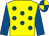 Yellow, royal blue spots and sleeves, royal blue and yellow quartered cap
